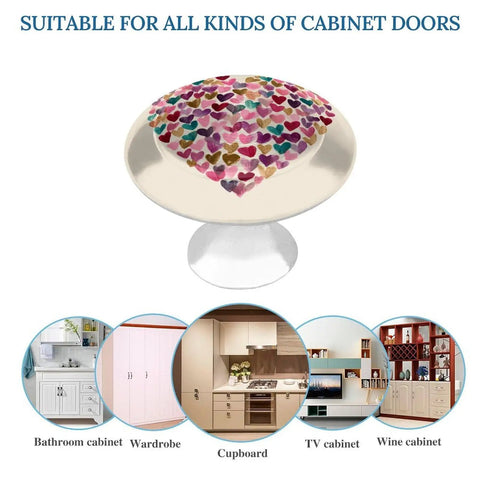 Hand Painted Heart Cabinet Knobs Two Pack Slick Round Drawer Pulls With Sturdy Stainless Steel Base and Mounting Hardware For Dresser Wardrobe Kitchen Furniture Knockout Glow Up, featuring colorful heart design.