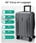 20-inch gray expandable hard-shell carry-on luggage with four spinner wheels and telescoping handle