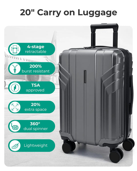 20-inch gray expandable hard-shell carry-on luggage with four spinner wheels and telescoping handle