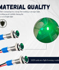 Three green LED indicator lights with metal housing and wires labeled "Material Quality" for Five Pack 6mm Car LED Indicator Lights 12V