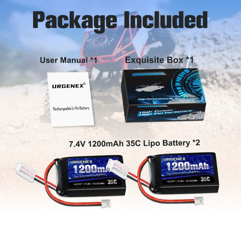 Package contents of 2S 7.4V 1200mAh LiPo RC Battery With PH2.0 Plug, 35C, including box, batteries, and manual.