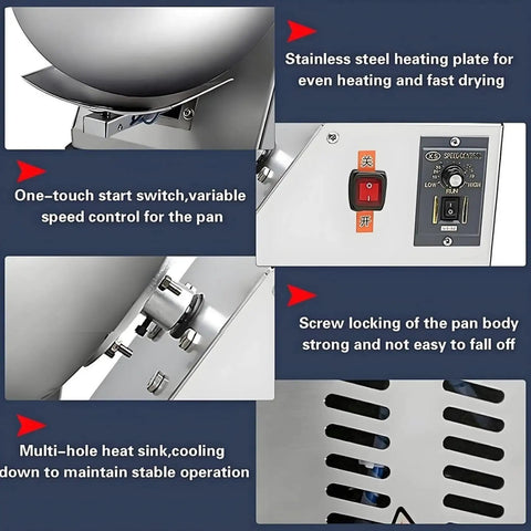 Knockout Tabletop Candy Coater With Silky Sugar Glazing And Quick Blower System For Sweet Small Batch Sweets 180 Watt Motor controls and heating plate close-up.