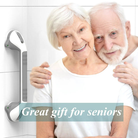 Couple using Suction Shower Grab Bar Set With Indicators No Drill Install 17 Inch Long Bathroom Balance Support Non Slip Grip