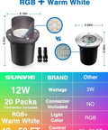Diagram showing Eight Pack RGBW Low Voltage Landscape Well Lights 12W Waterproof In Ground Pathway Garden Yard Fence Deck Dimmable 12-24V With Connectors And Remote Control For Color Changing Ambience dimensions and features.