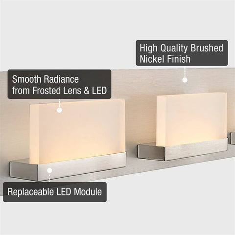 Everett 24 Inch Modern 3 Light Integrated LED Vanity Light With Brushed Nickel Finish, frosted acrylic block design