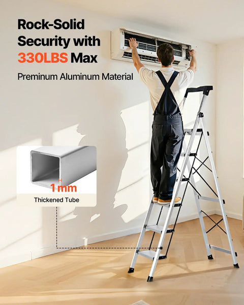 Six Step Folding Ladder With Wide Anti Slip Pedals And Comfort Handgrip Aluminum Portable Stepladder 330 Lbs Capacity Go To Everyday Workhorse For Kitchen Garage Office And Warehouse Lightweight Silver used for wall AC repair