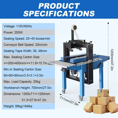 Fully Automatic Carton Sealer for Fast Warehouse Packing And Shipping, 110V Multi Function Tape Dispenser, High Speed Box Sealer With Adjustable Height And Width, Fits Small To Large Boxes, Pro Grade Durable Industrial Packaging Machine, with specs
