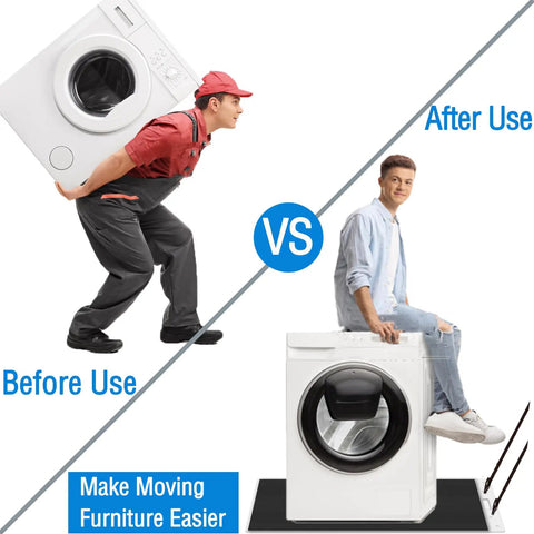 Oversized Large Appliance Slides With Pull Strap Premium Moving Mat For Tile Carpet Hardwood Floor Heavy Duty Sliders shown in before and after moving scenarios.