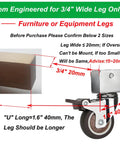 Diagram of 4 Pack 2 Inch Caster Wheels With Three Quarter Inch U Bracket Set for narrow furniture legs with dimensions and installation guide.