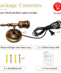 Package contents for Steampunk Plug in Wall Sconces Set of Two, showing metal light fixtures, cables, and installation kits.