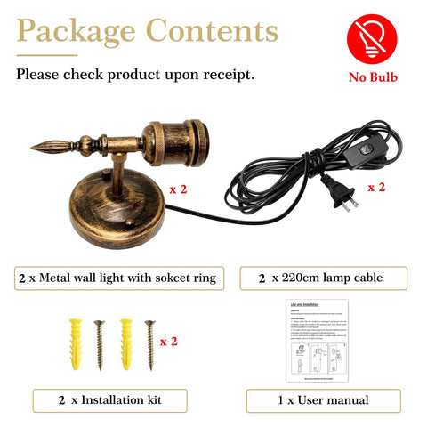 Package contents for Steampunk Plug in Wall Sconces Set of Two, showing metal light fixtures, cables, and installation kits.