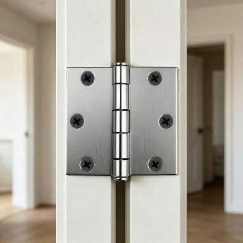 3 Inch Door Hinges Pack Of 12 Brushed Nickel Quiet Heavy Duty Metal Hinges With Soft Close For Hollow Core Doors Rust Resistant 6 Hole Square Door Hardware close-up on door