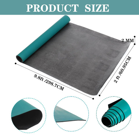 MYOYAY ESD rubber soldering mat, teal, unrolled front view with roll at edge; 23.6 x 118 in, 2 mm thick