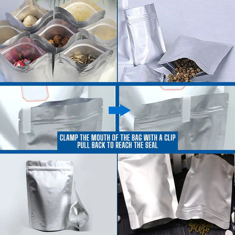 100 Pack Food Storage Bags Kit With 100x 300cc Oxygen Absorbers, 9 Mil Thickness In 10x14, 6x9, And 4.3x6.3, resealable bags filled