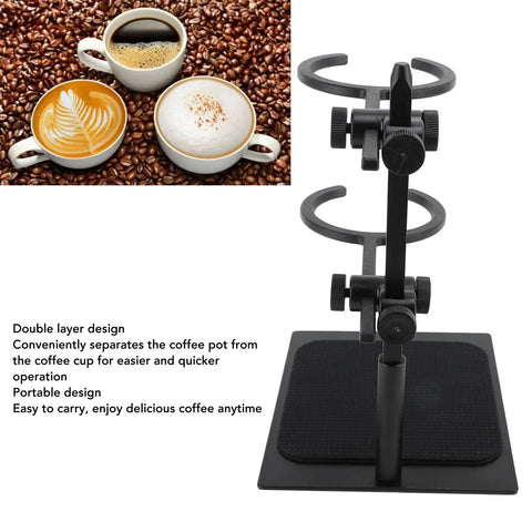 Total Game Changer Pour Over Coffee Dripper Stand Set with adjustable height and black aluminum frame beside coffee cups.
