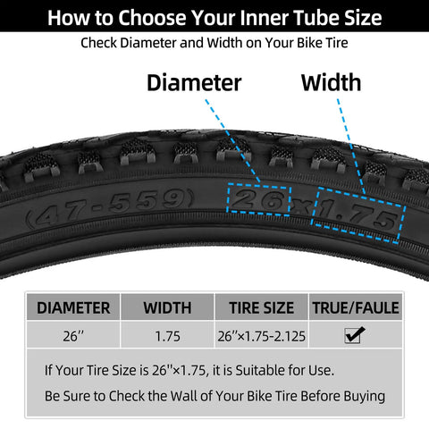26 Inch Mountain Bike Inner Tubes 2 Pack For 26x1.75 To 2.125 Tires With Schrader Valve size guide diagram