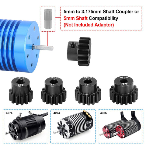Beefed Up Five Gear Pinion Set For 1/8 And 1/10 RC Cars With 5mm Bore Hardened Steel Gears Including 13T 14T 15T 16T 17T displayed