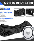 Magnet fishing kit with 2.4-inch neodymium magnet, 65 ft black nylon rope, and carabiner