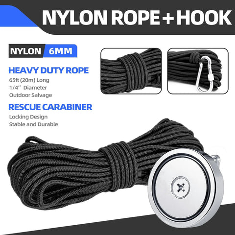 Magnet fishing kit with 2.4-inch neodymium magnet, 65 ft black nylon rope, and carabiner