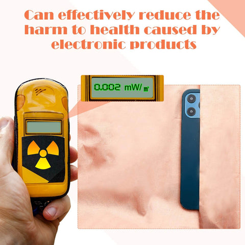 Faraday Fabric Shielding Cloth Copper Nickel for EMP Protection shown with radiation detector and smartphone.