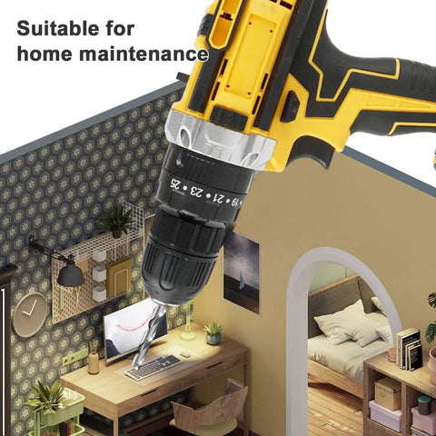 Pro Grade 21V Cordless Electric Drill Driver Kit With Two 1200 mAh Lithium Batteries And Multi Speed Settings for home maintenance near a workstation.