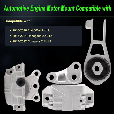 Engine Mount Set For 2.4L Fiat 500X Renegade Compass And Ram ProMaster City Direct Fit Replacement showing mounts on black background