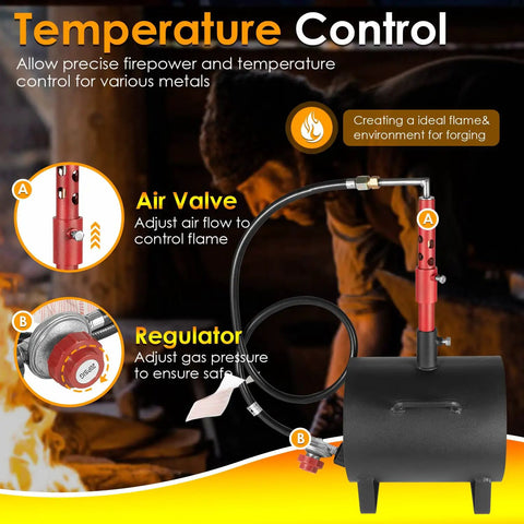 Portable Gas Forge For Blacksmiths With Single Burner Open Oval Hearth shown with air valve and regulator controls.