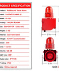 Product specifications for Beefy Sound And Light Alarm Siren With LED Strobe 120dB Outdoor Security Horn 25W AC110V.