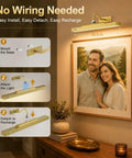 Premium Rechargeable Motion Sensor Picture Light Gold Wall Mounted Frame Illuminator instruction guide for easy installation over artwork.