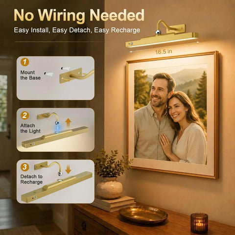 Premium Rechargeable Motion Sensor Picture Light Gold Wall Mounted Frame Illuminator instruction guide for easy installation over artwork.