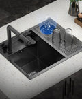 Stainless Steel Kitchen Sink Faucet with Pull Down Sprayer 18 Gauge Modern Design, installed in a kitchen with a drainer.