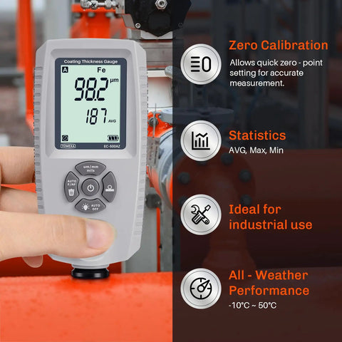 Car Paint Thickness Gauge With Automatic Ferrous Non-Ferrous And Galvanized Coating Detection, 0-2000 Micrometers For Steel And Aluminum Car Panels, Fast Accurate Readings And Easy Substrate Recognition. Handheld digital gauge showing 98.2 µm on steel