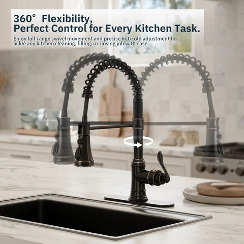 Oil Rubbed Bronze Kitchen Faucet With Pull Down Sprayer, 1 Or 3 Hole Installation, Single Handle High Arc Spout, 3 Mode Spray