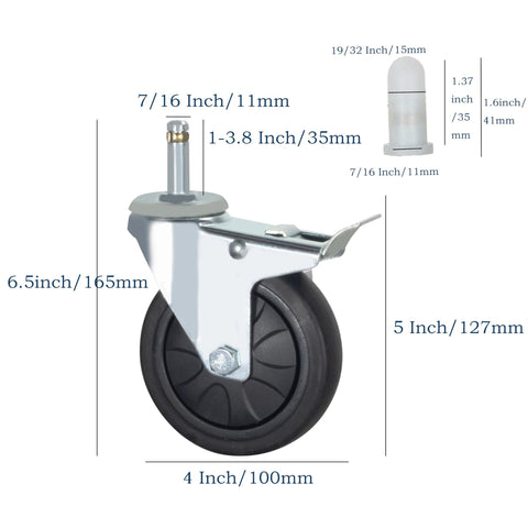 Stem Caster Wheels With Brakes, Swivel TPR Casters Set Of Four, Seven Sixteenths By One And Three Eighths Inch Stem, 4-Inch Wheel