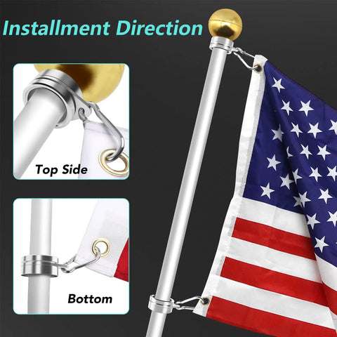 Top Notch 1.5 Inch Flag Pole Rings With Anti Wrap Swivel Clips And 360 Degree Rotating Aluminum Alloy Mounting Hardware For Rad Tangle Free Flag Flying With Rust Resistant Carabiners Two Pack, showcasing installation direction.
