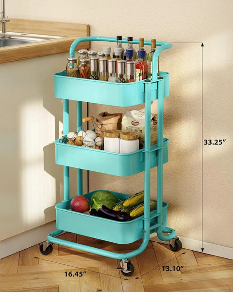 Three Tier Mesh Rolling Cart On Wheels With Handle Turquoise Finish, Space Saving Mobile Storage Organizer for Kitchen