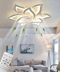 31.1 Inch Modern Ceiling Fan With Remote Control Ultra Quiet Copper Motor Six Speed And Three Color Dimmable Light Invisible Blade Fandelier in living room.