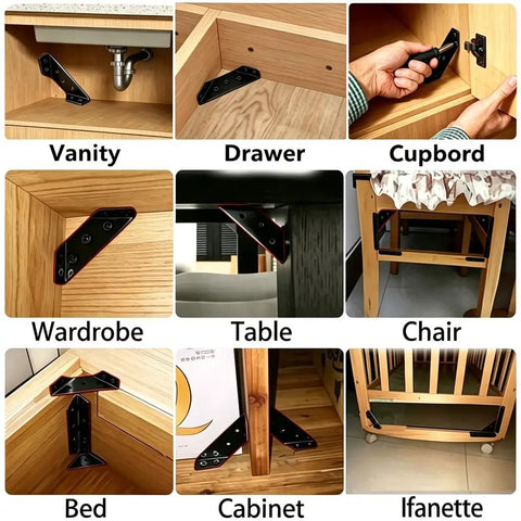 Tough As Nails Black Stainless Steel Corner Braces For Wood Lock Tight L Brackets And Angle Connectors in furniture applications.