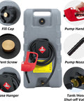 Big 15 Gallon Portable Fuel Caddy With Easy Siphon Pump And Leak Proof Valves On Wheels featuring fill cap, vent screw, and pump nozzle.