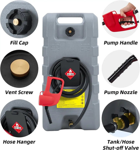 Big 15 Gallon Portable Fuel Caddy With Easy Siphon Pump And Leak Proof Valves On Wheels featuring fill cap, vent screw, and pump nozzle.