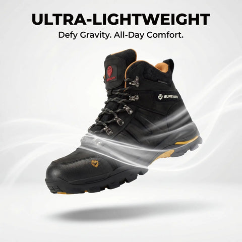 6 Inch Waterproof Steel Toe Work Boots For Men Leather Lace Up EH Rated Slip Resistant Outsole displayed at an angle