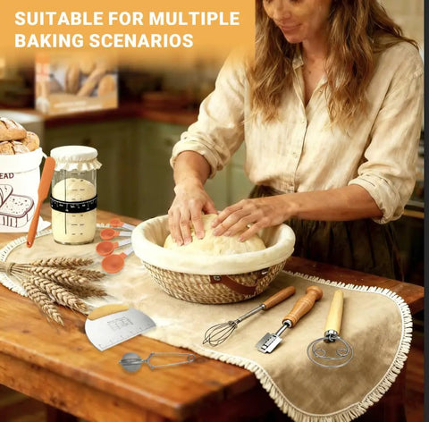 Woman using Sourdough Starter Kit With Two Banneton Proofing Baskets Bread Proofing Tool Set Lame And Blades Scrapers Slings Cloth
