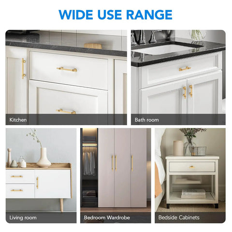 Heavy Duty Gold Cabinet Pulls And Drawer Handles Offering A Slick Upgrade For Kitchens And Baths Durable Stainless Steel And Zinc Alloy Base Plus Four Inch Center Spacing Anti Tarnish Coating Makes This Five Pack A Top Shelf Home Renovation Essential displayed in kitchen, bathroom, living room, wardrobe, and bedside cabinet.