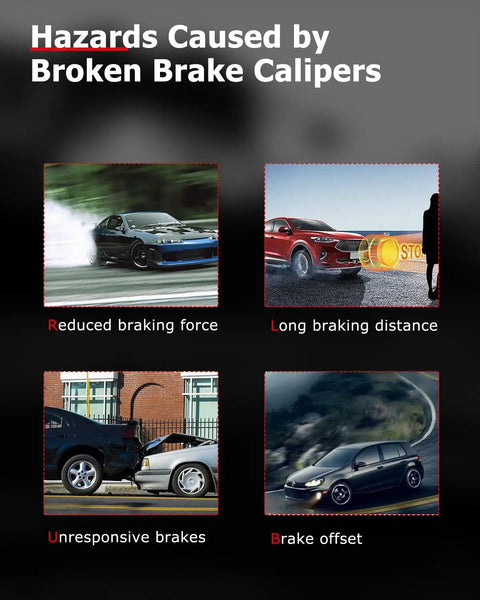 Hazards caused by broken brake calipers: reduced force, long distance, unresponsive brakes, and brake offset risks.