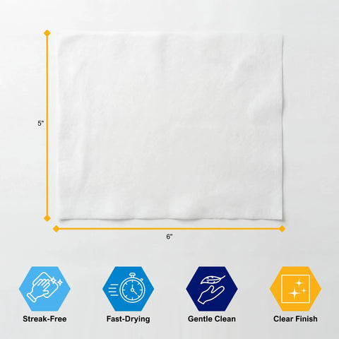 Front view of white premoistened lens and screen cleaning wipe sheet, 6×5 inches.