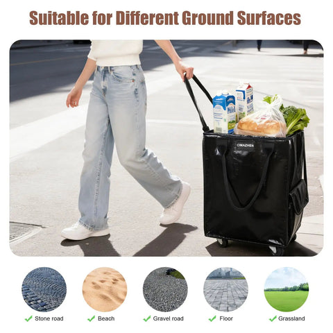 Person using Heavy-Duty 70L Folding Rolling Tote Cart With Four Wheels Three Handles And Zipper 76-Lb Capacity outdoors