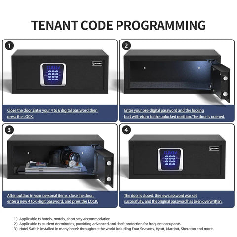 Tenant code setup for Home Safe For Documents And Valuables With Hotel-Style Digital Lock, Sensor Light, Silent Mode, Solid Steel Build, Black