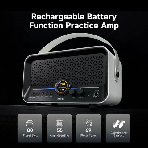 F15i AI Smart Guitar Amp With Touch Screen 15W, 55 Amp Models, 66 Effects Types, shown with rechargeable battery and presets