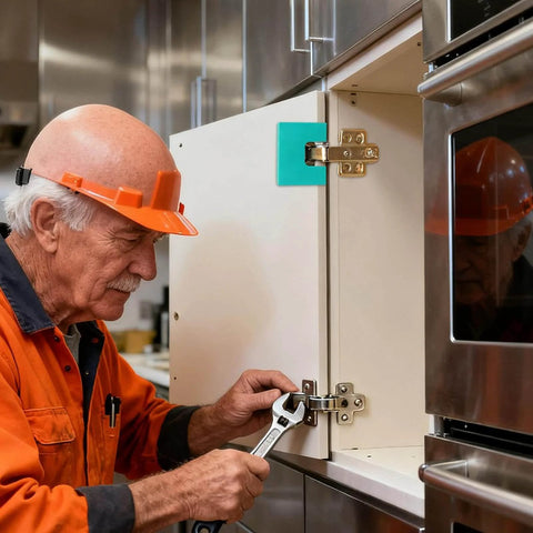 Person installing cabinet hinge using Magnetic Door Hinge Jig For Quick Drill Free Latch And Cabinet Installations 2mm Precision Alignment For Doors Drawers Kitchen Cabinets Bathrooms Woodworking And Exterior Projects The Ultimate DIY Friendly Home Improvement Tool.