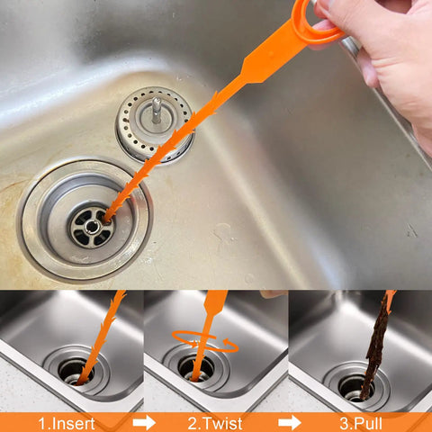 Person using 7 In 1 Hair Drain Clog Remover Tool Kit For Bathroom Tub Toilet Kitchen Sinks, DIY Easy Hair Debris Removal And Drain Cleaning.
